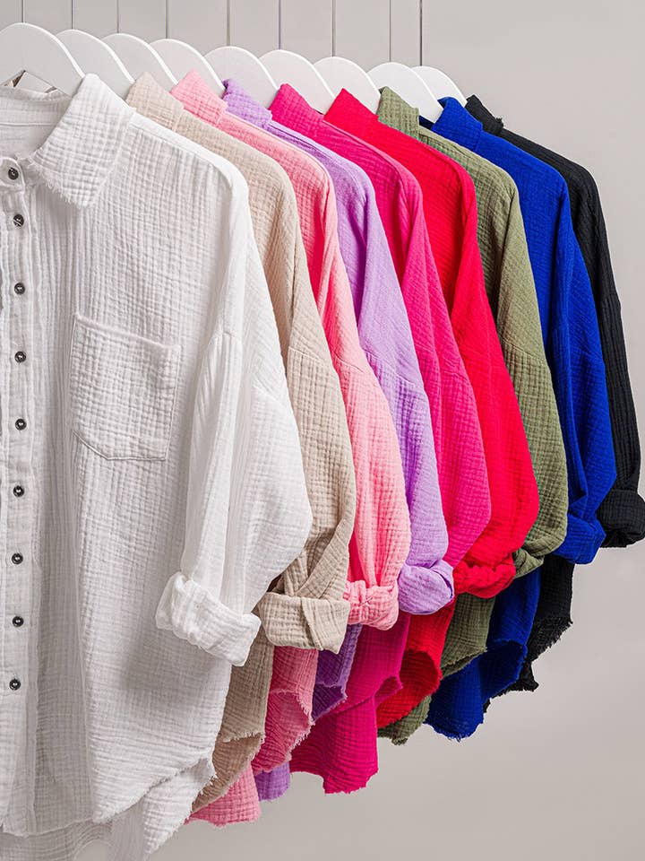 42POPS - Wholesale Button Down Shirt - Women's - ,,,,,..SI-23630 Oversized Raw Edge Shirt W/ Back Patch