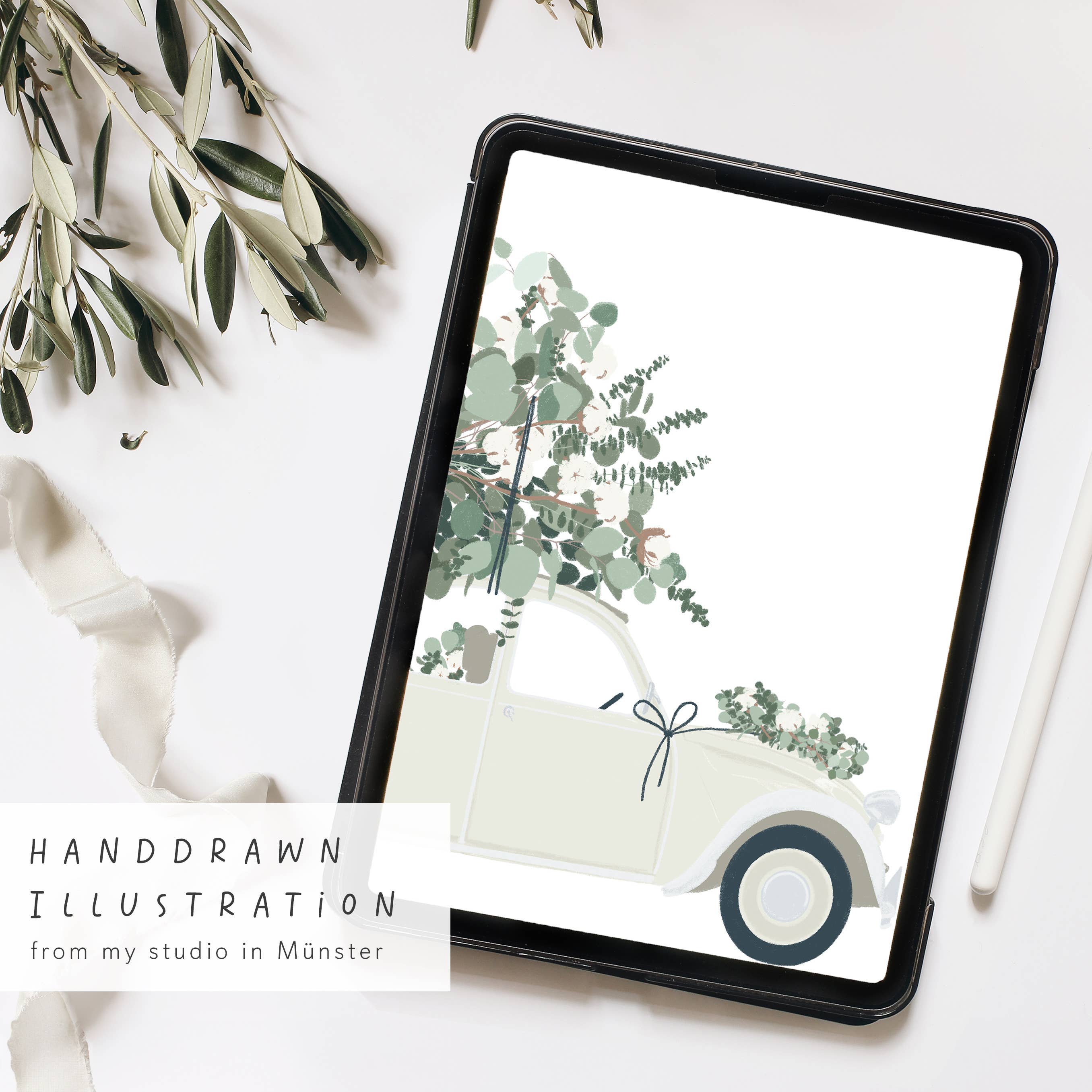 Wildblumen Atelier - Wholesale Wedding Card - Just married car postcard with eucalyptus, FSC certified2