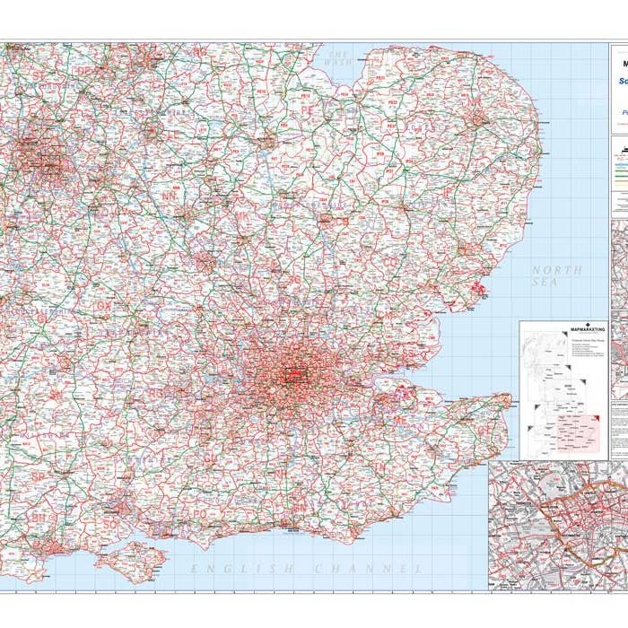 SE Engeland & Midlands Postcode wandkaart voor wholesale door Map Marketing Limited