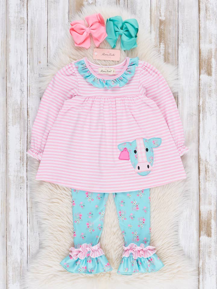 Marie Nicole Clothing - Wholesale Top & Leggings Set - Kids - Teal & Pink Floral Embroidered Cow Ruffle Outfit