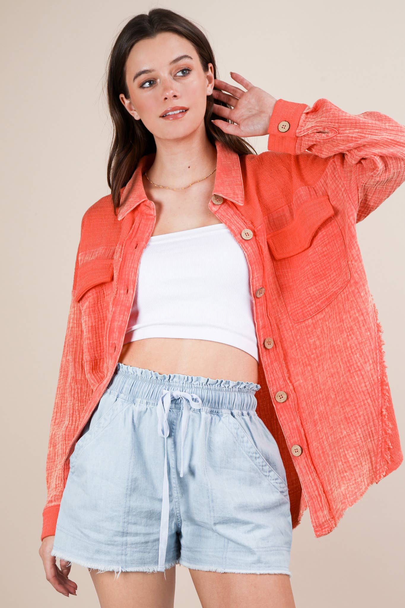 VERY J - Wholesale Shorts - Women's - NP70758-Washed Chambray Denim Casual Shorts