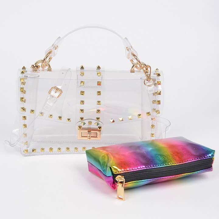 Studded Transparent Crossbody Bag W/Multi Color Pouch for wholesale by 3AM BY H&D ACCESSORIES