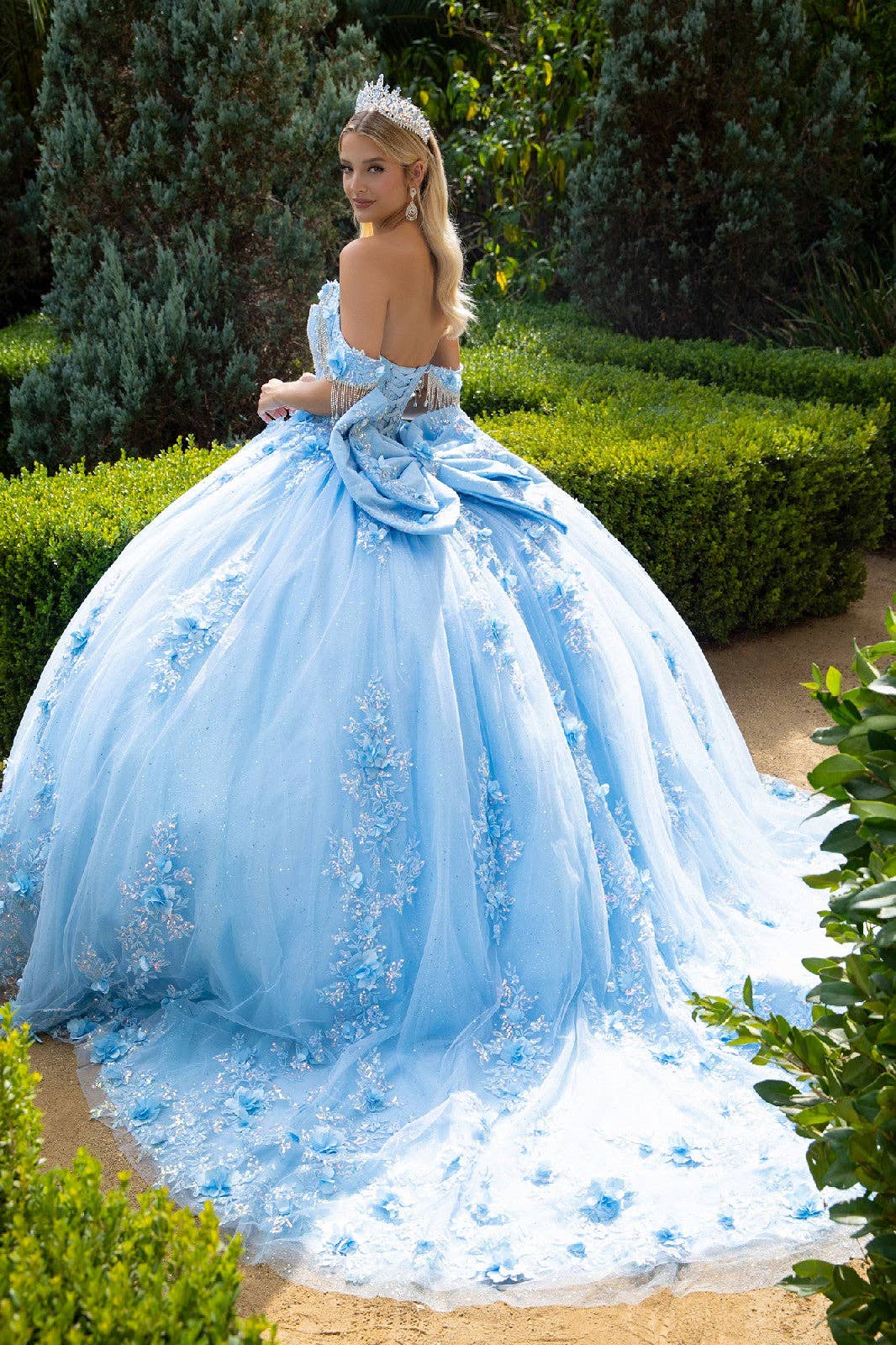 BLUE Chandelier beading accented floral embroidered glitter mesh quinceanera dress with back bows GLGL3525 for wholesale on Faire1