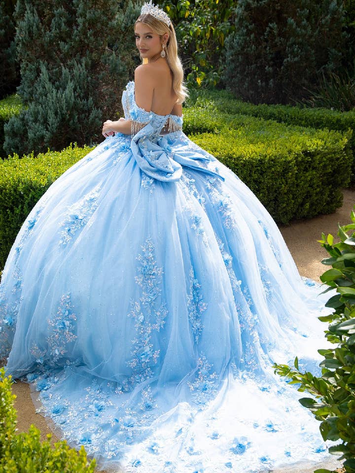 BLUE Chandelier beading accented floral embroidered glitter mesh quinceanera dress with back bows GLGL3525 for wholesale on Faire1