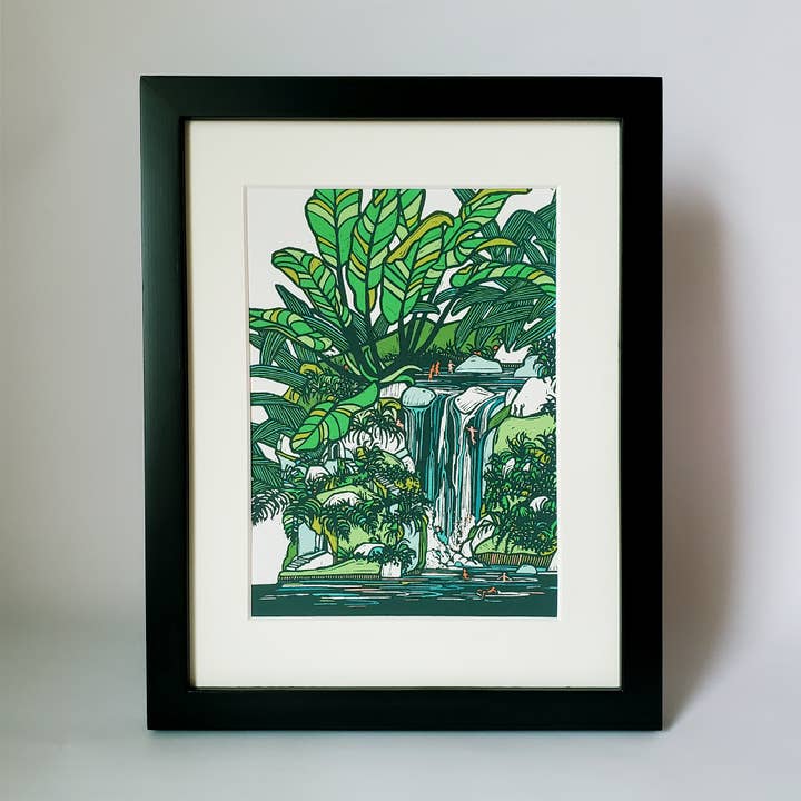 Tropical Waterfall Hawaiian Landscape Matted Art Print for wholesale by Little Green
