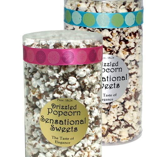 Gourmet Chocolate Drizzled Popcorn - 1/2lb Tube w/ Ribbon for wholesale by Sensational Sweets
