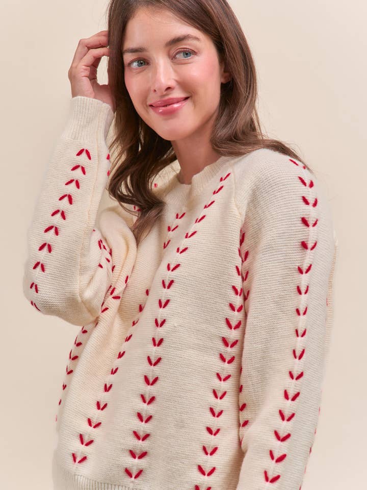 &MERCI - Wholesale Knit Sweater - Women's - EMBROIDERED LONG SLEEVE PULLOVER SWEATER MSW1117924