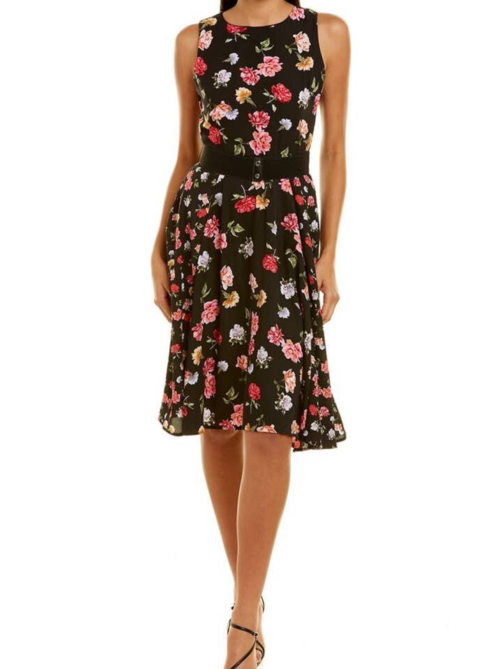 Maison Tara Black Pink Floral Sleeveless 2 Side Pocket A-Line Midi Dress for wholesale by New Yorker's Apparel