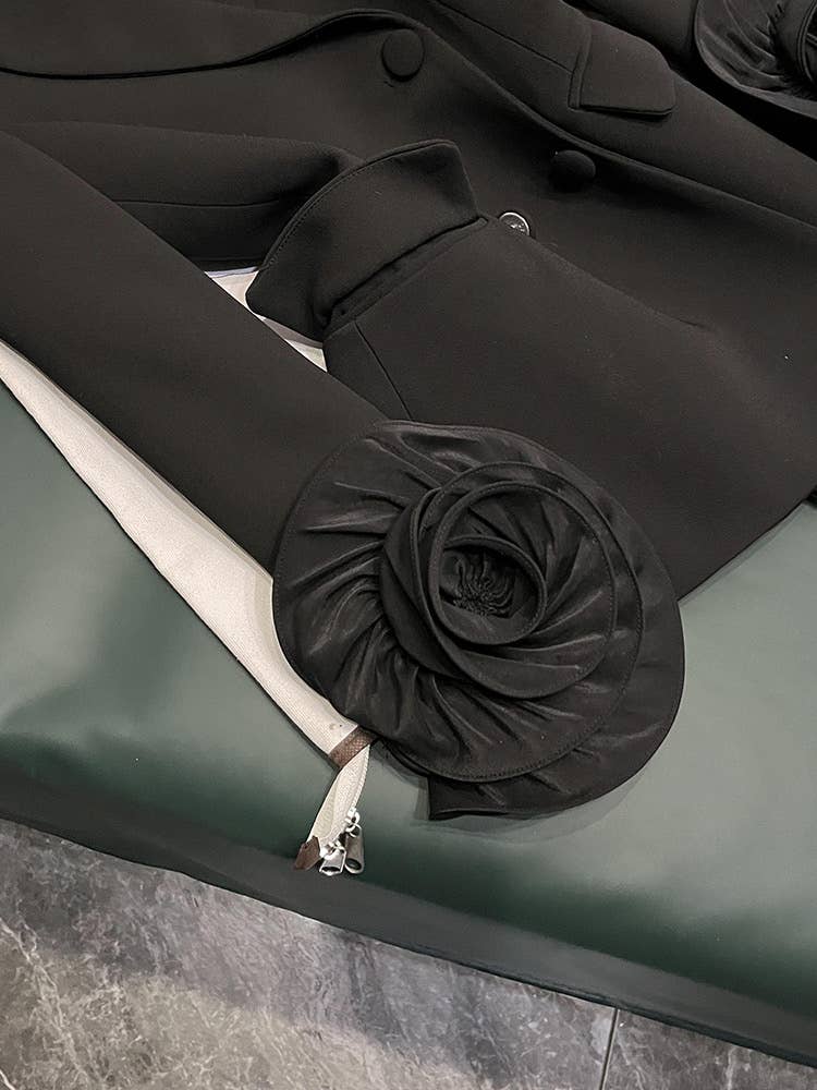 Black SY392 Double-Breasted  Suit Jacket with 3D Flower Cuffs for wholesale on Faire3