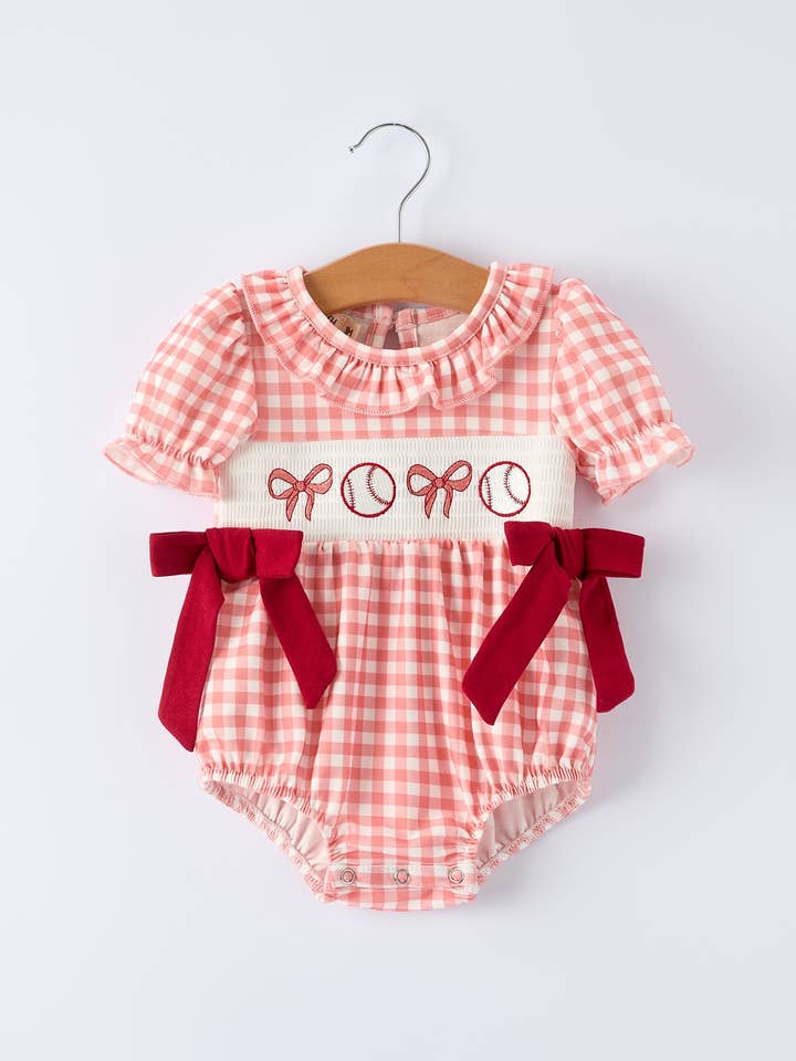Girls Baseball Bow Smocking Embroidery Plaid Romper for wholesale by Rylee Faith Designs
