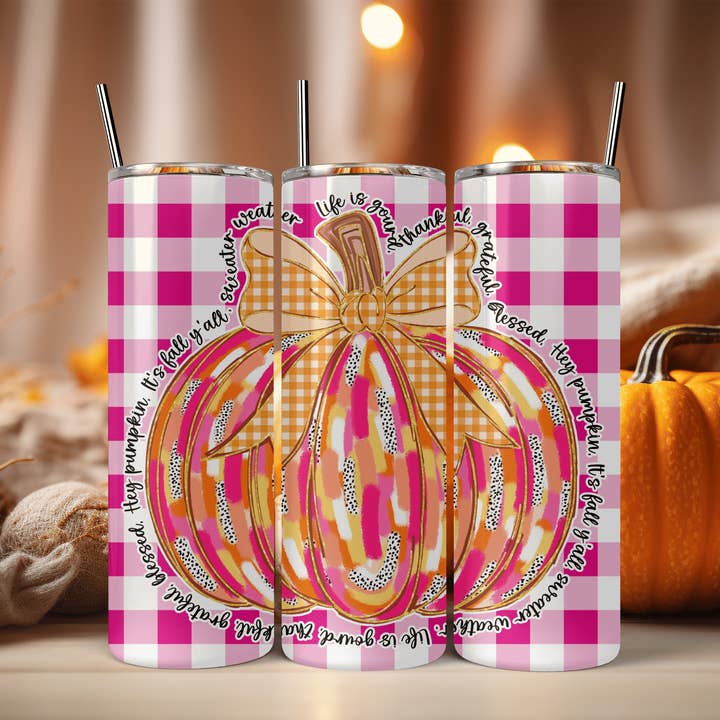 Coquette Pumpkin Check Skinny Tumbler 20oz for wholesale by JAC Wholesale