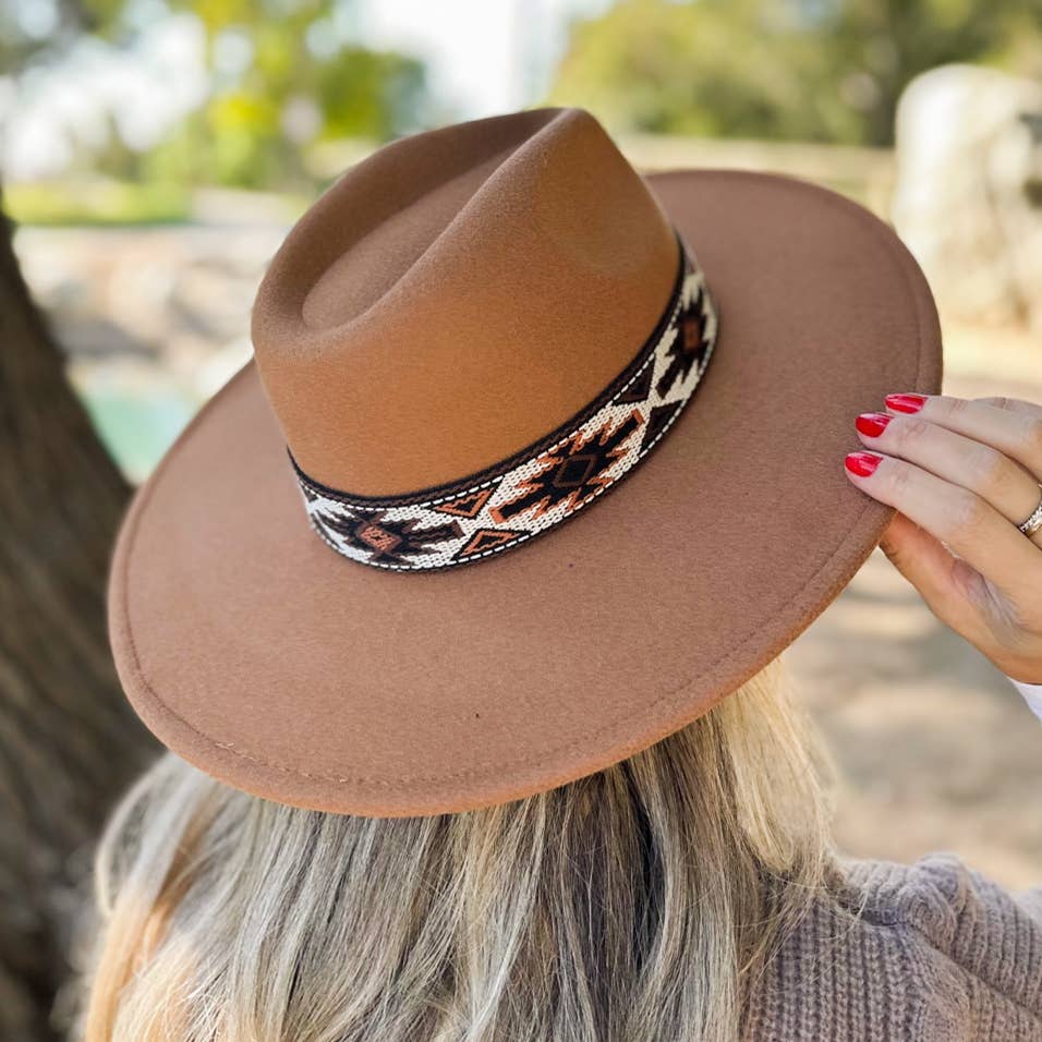 Elegant Camel Fedora with Multi Aztec Western Print Ribbon for wholesale on Faire3