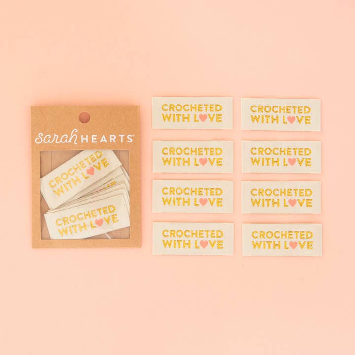 Hæklet med kærlighed vævede etiketter - vævet syetiketmærke for engroshandel hos Sarah Hearts