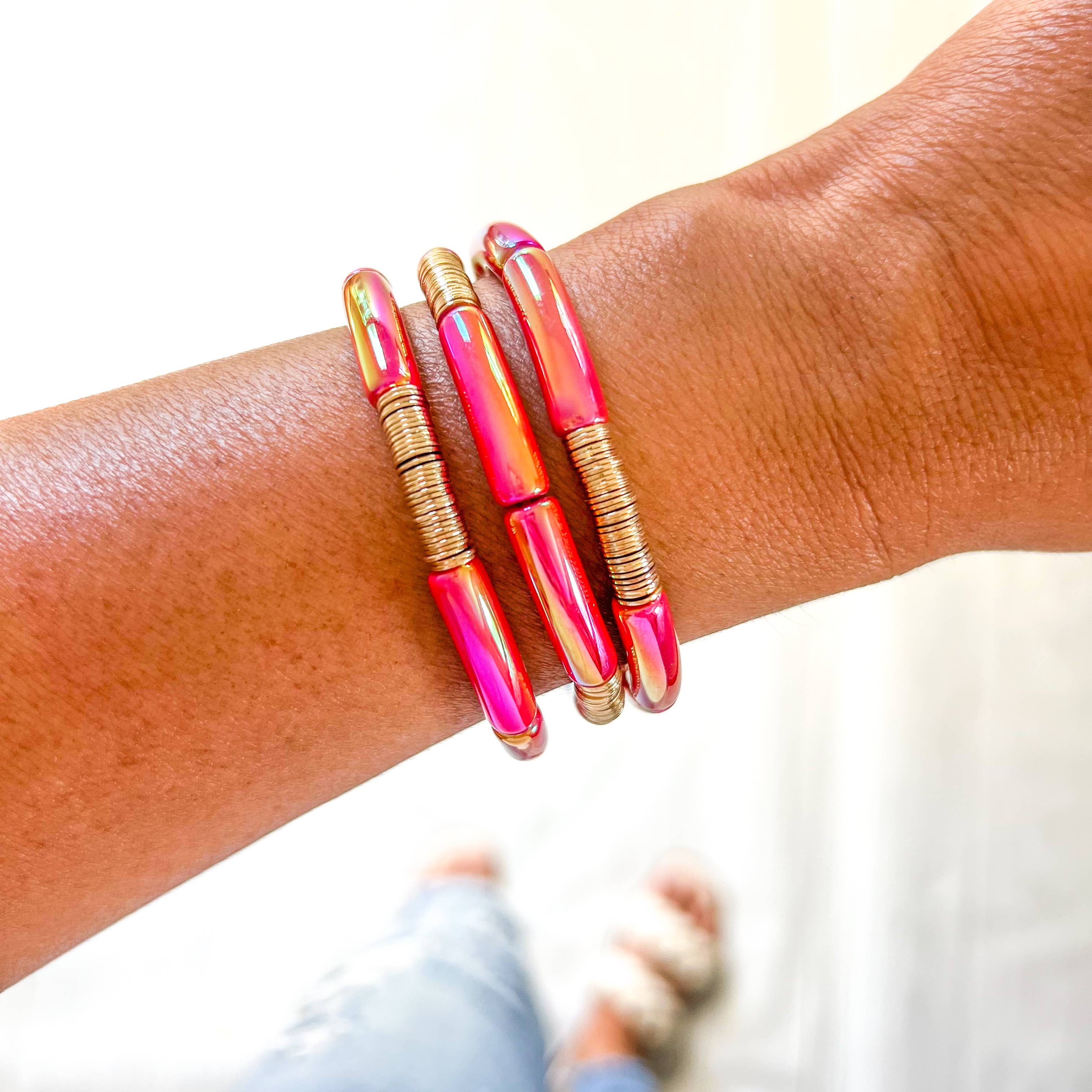 Savvy Bling – wholesale Beaded bracelet – Metallic #7 Red Pink Yellow Acrylic Tube Bamboo Bracelet0