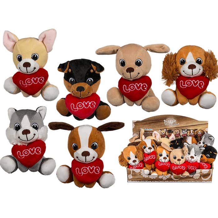 Sitting plush dogs with heart, for wholesale by Out of the blue KG