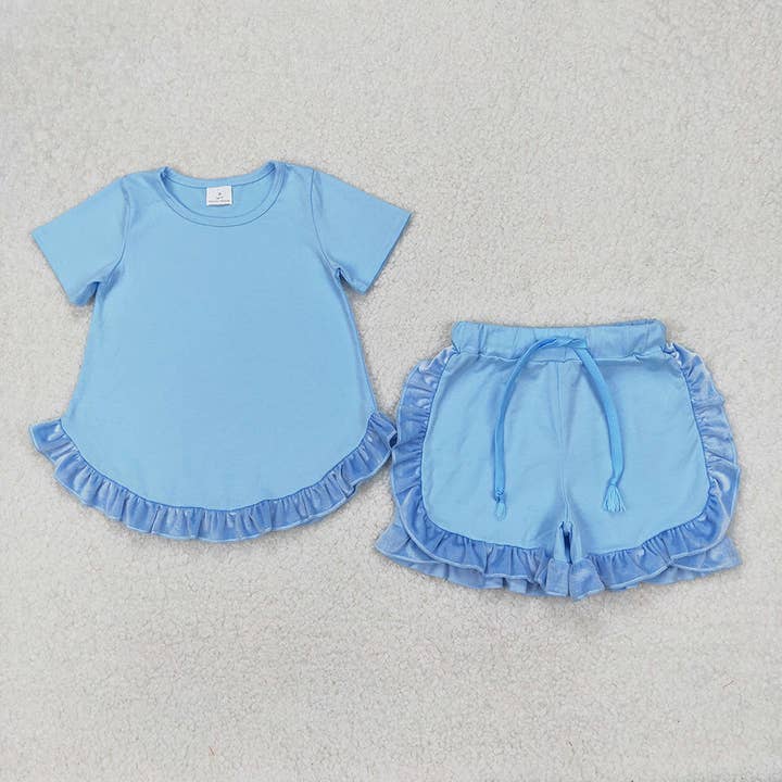 Baby Girls Blue Cotton Top Ruffle Shorts Clothes Sets for wholesale by Aier Wholesale