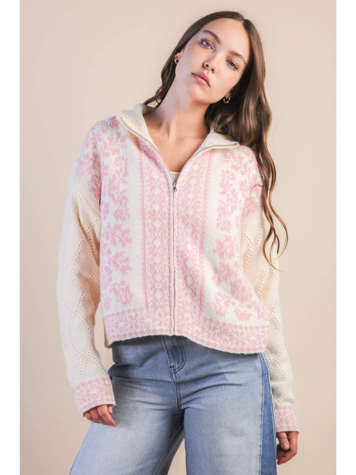 VERY J - Wholesale Cardigan - Women's - 12W3438N-Graphic Knit Sweater Zip Up Cardigan1