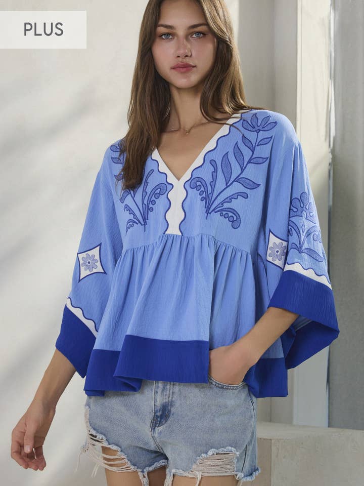 Plus Embroidered Plunge V Neck Top for wholesale by Oddi