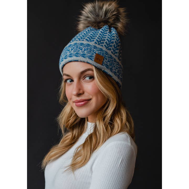 Panache Apparel Co. - Wholesale Beanie - Women's - Blue & Lt. Gray Patterned Pom Hat