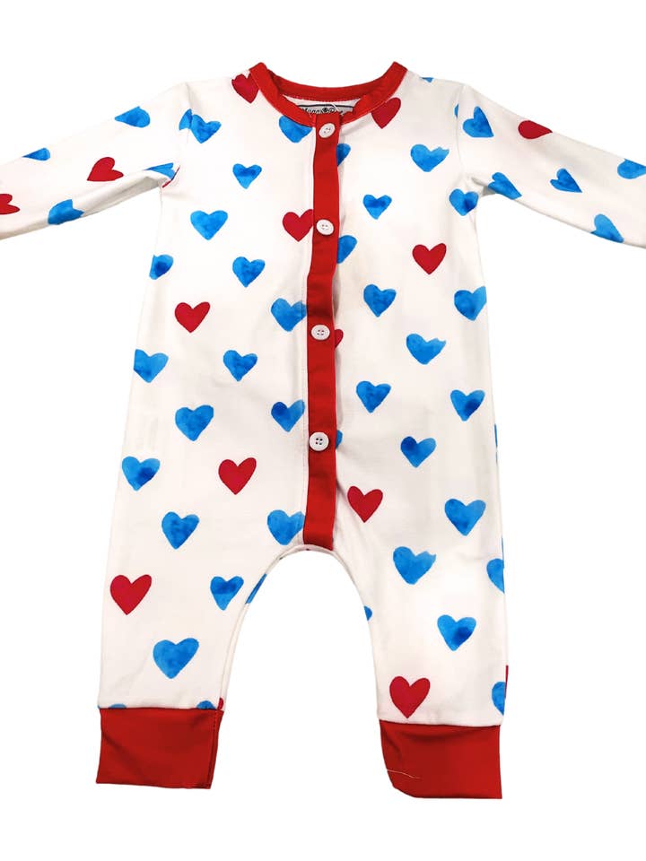 One-piece Buttflap Pajamas - Blue Hearts for wholesale by Sugar Bee Clothing