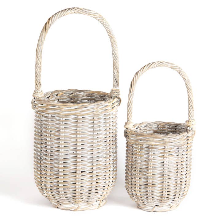 ROTIN ROND BLANCHI À LA CHAUX, TAILLE S/2, AVEC POIGNÉE pour la vente par Bacon Basketware