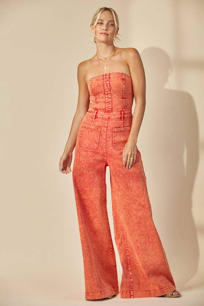 BOHO MINERAL WASH WIDE LEG DENIM JUMPSUIT 4406DEEP RUST  for wholesale on Faire4