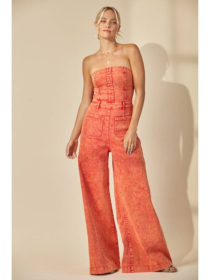 BOHO MINERAL WASH WIDE LEG DENIM JUMPSUIT 4406DEEP RUST for wholesale on Faire4