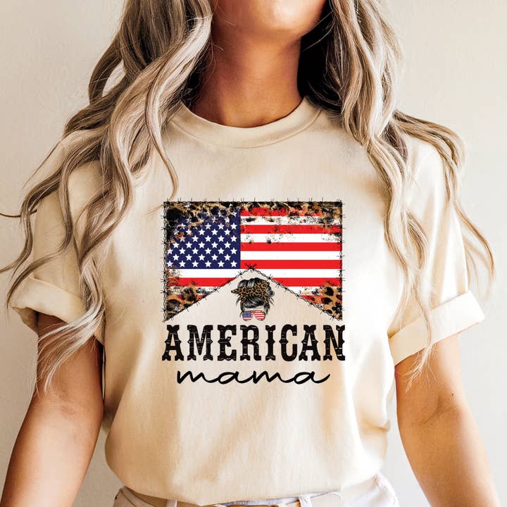 T-shirt illustré American Mama du 4 juillet pour la vente par Happy Mail Wholesale