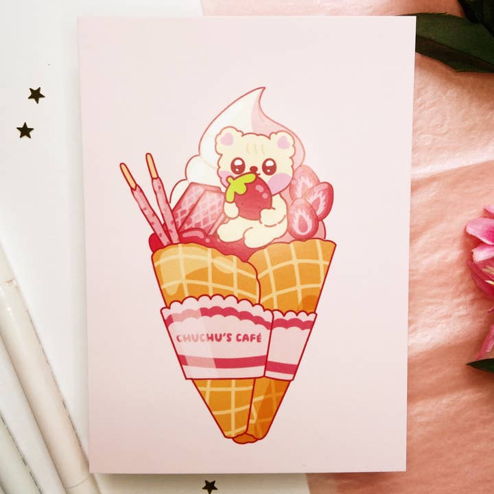 Bear Strawberry Crepe Postkort/Print for engroshandel hos Chuchu Illustrations