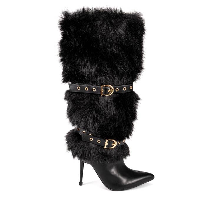 Demure-102 Faux Fur Boot With Buckles for wholesale by Pazzle
