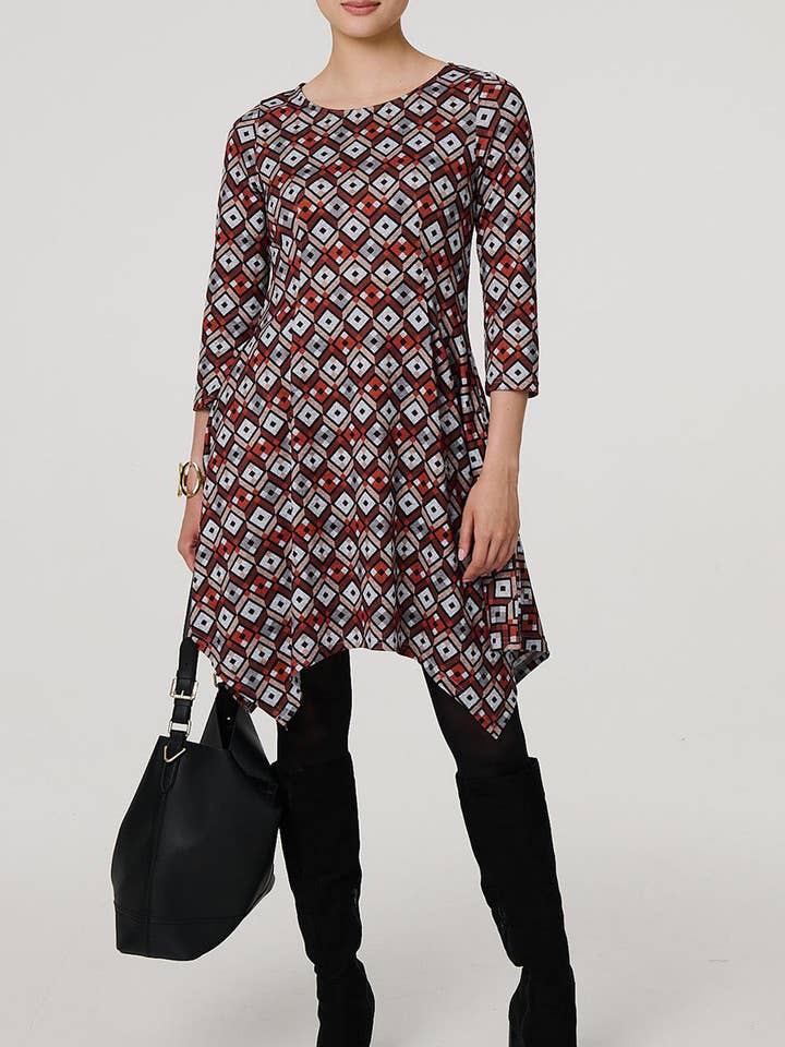 Geo Print Hanky Hem 3/4-ærmet midikjole for engroshandel hos Stellalondon