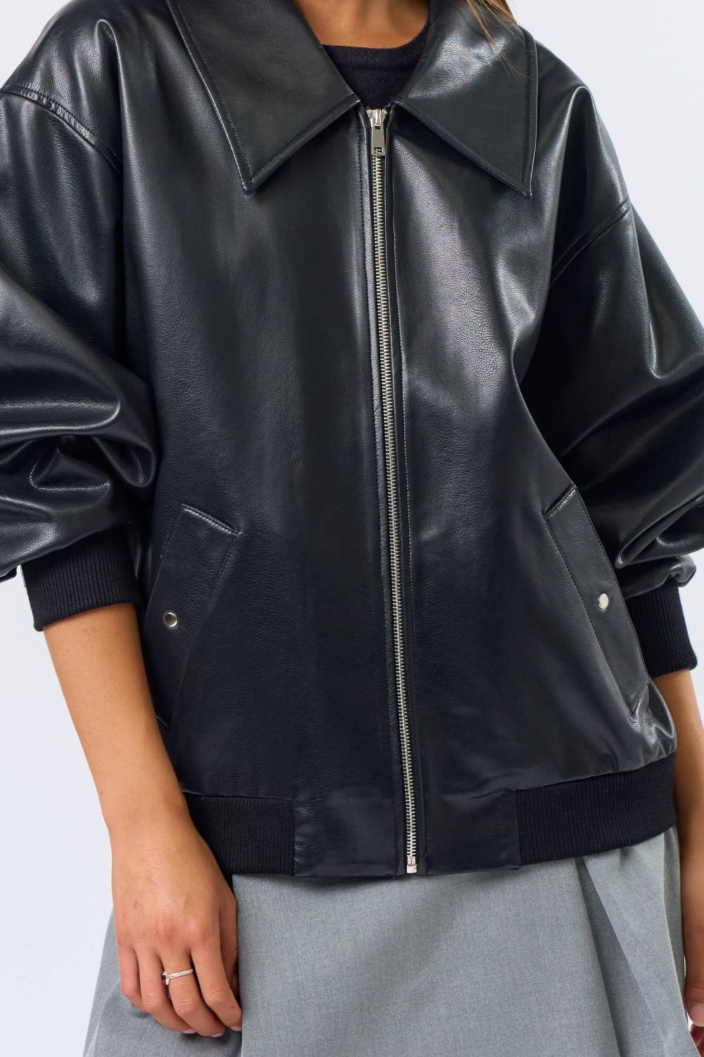 Black IBT31859 Zip-Up PU Leather Jacket for wholesale on Faire4