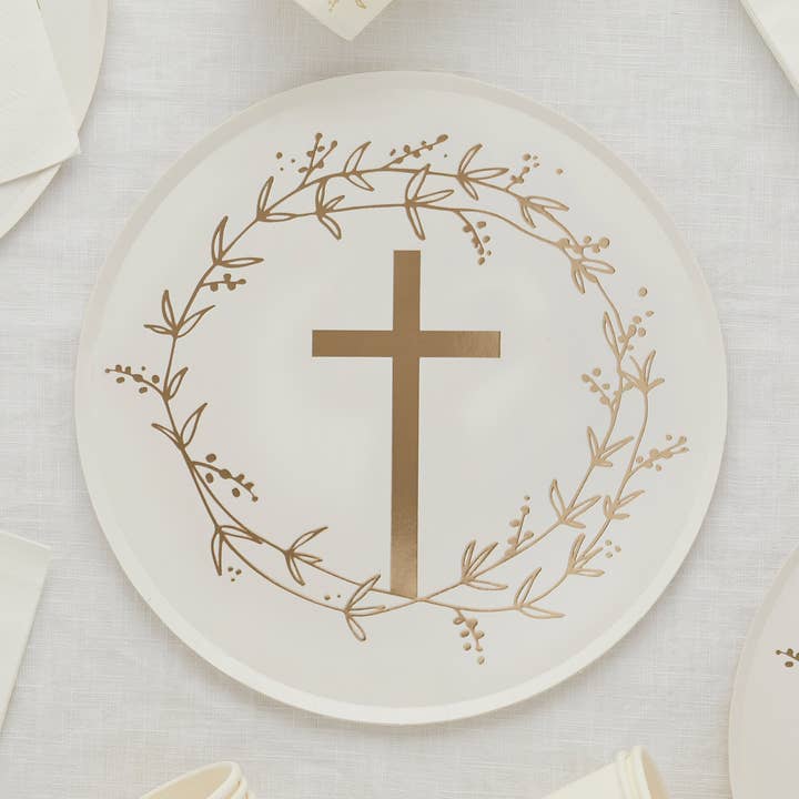 Gold Cross Paper Plates 8 Pack for wholesale by Hootyballoo by Club Green