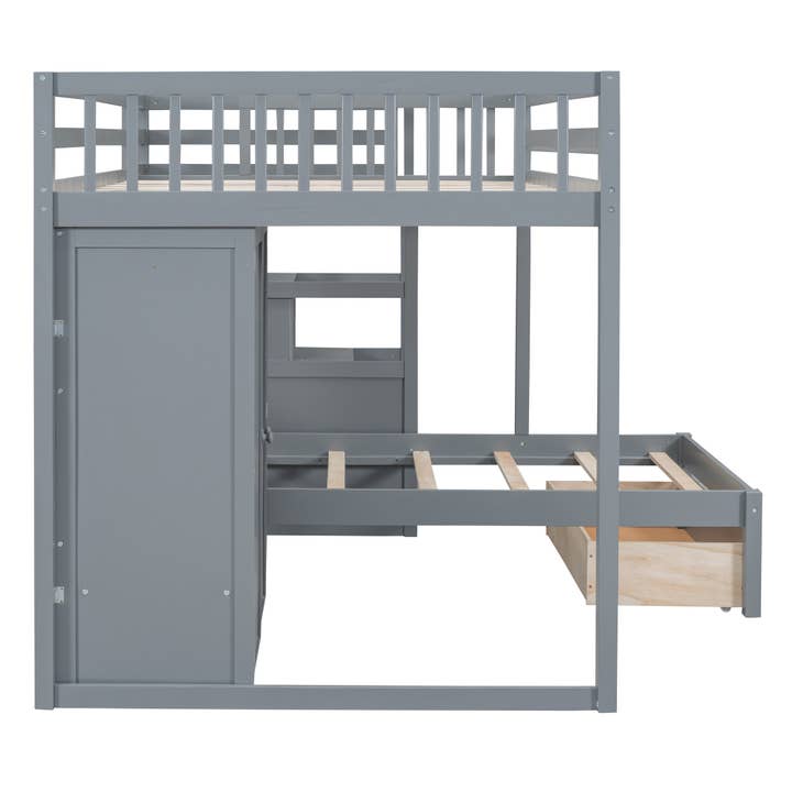 HomeRoots – wholesale Bed – Gray Full Over Twin Wood Bunk Bed With Stairs And Drawers And Storage4