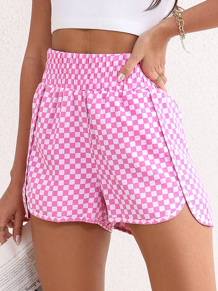 Pink Plaid High Waist Athletic Shorts for wholesale by LA Society