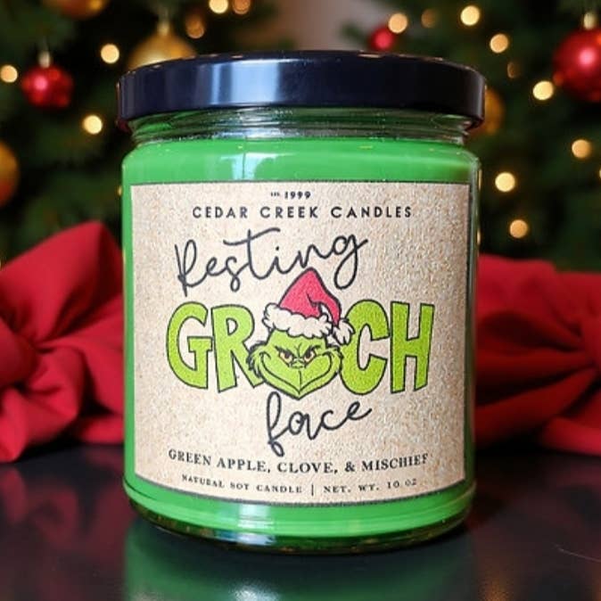 Soy Candle Holiday Pun - Resting Grinch Face for wholesale by Cedar Creek Candles