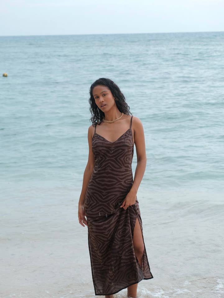 Olivia Zebra Brown Print Cotton Geisha Dress for wholesale by AMIRA Collective