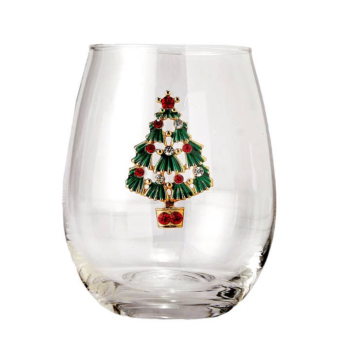 The Wine Savant / Khen Glassware - Wholesale Wine glass - Set of 2 Stemless Christmas Tree Wine Glasses1