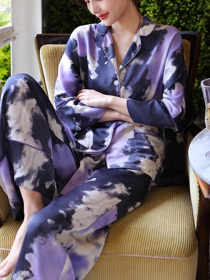 Purple Satin Cloud Print Pajama Set for wholesale on Faire