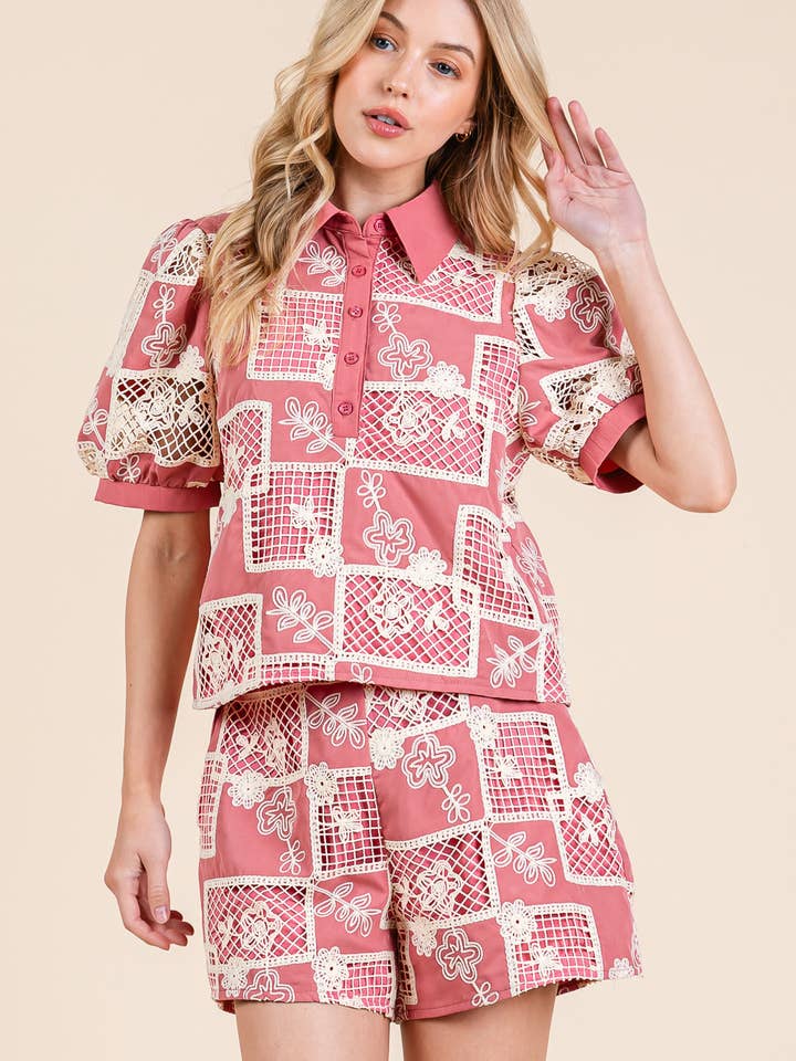 Geborduurd 2-delig Set met Bloemen & Geometrisch Motief, MTP51265 voor wholesale door GeeGee x Lovelo