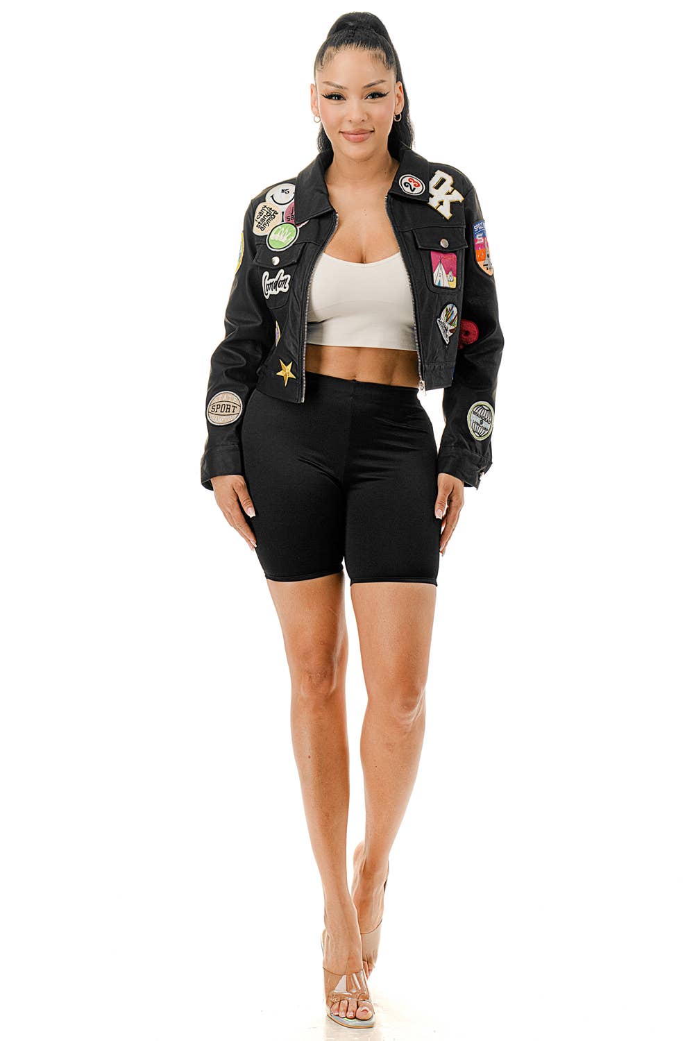 SALT - Wholesale Leather Jacket - Women's - (SJ5088)Multi Patch Cropped Faux Leather Jacket6