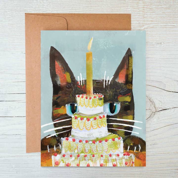 Ginger G. Art - Wholesale Birthday Card - Candles - Cats & Cakes A2 Blank Greeting Card