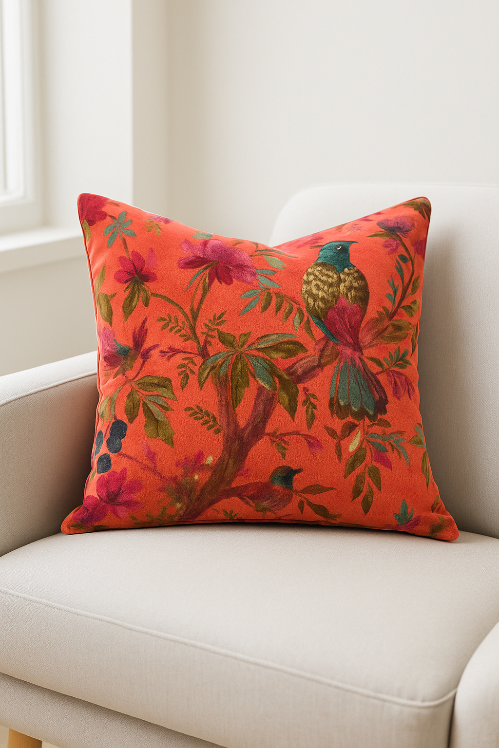 Glamthread – wholesale Throw/decorative pillow – Orange Velvet Cushion with Bird & Floral Print Pillow0