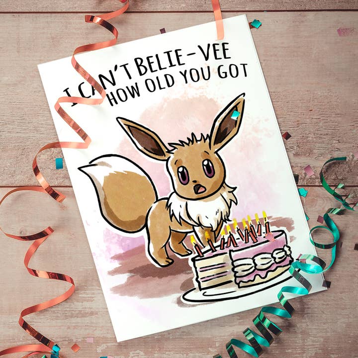 Aaron Millard Illustration – Großhandel Geburtstagskarten – Geburtstagskarte „Can't Belie-vee How Old“, Motiv Nerd Anime Critter