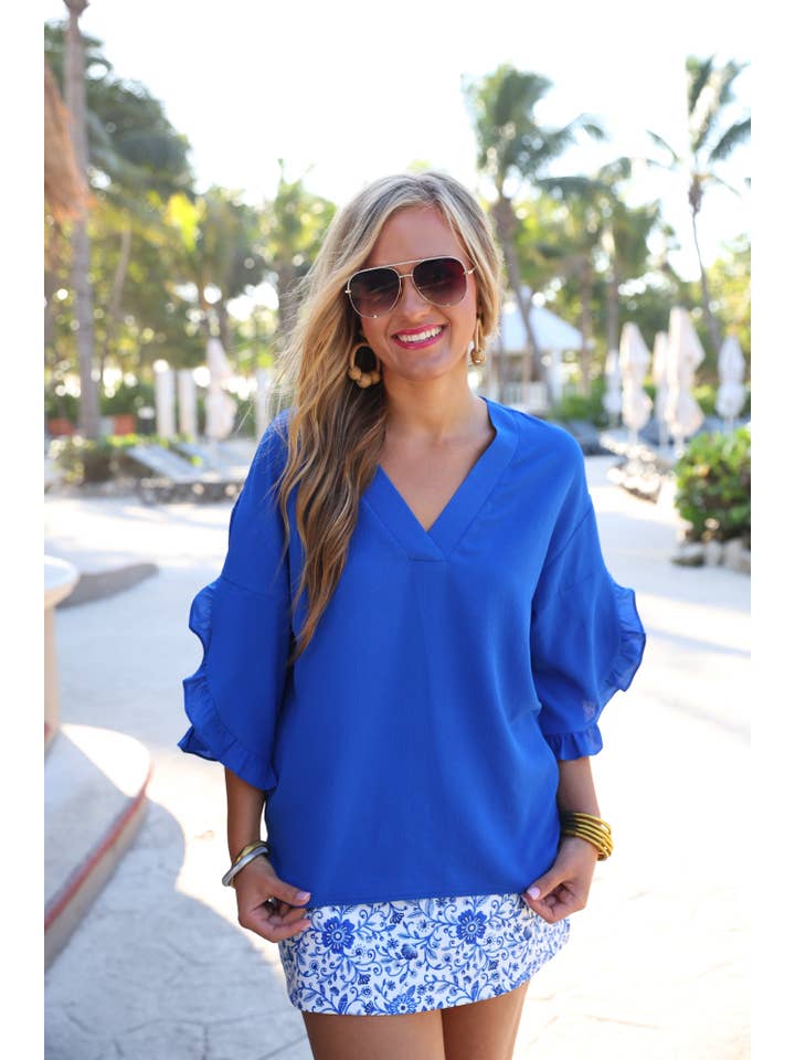 Amy Ruffle Sleeve Top, Royal Blue for wholesale on Faire5