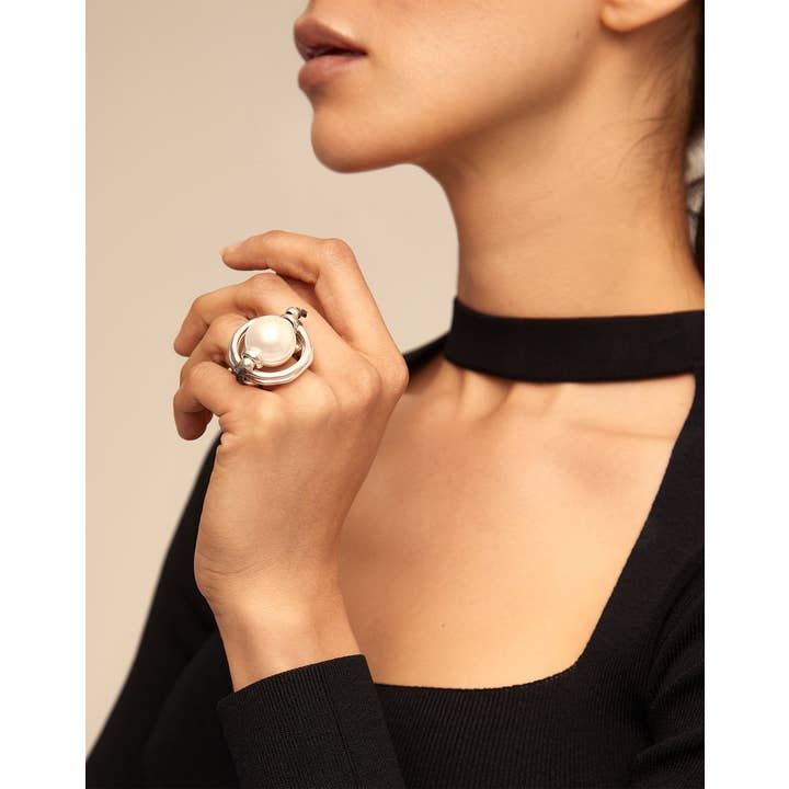 Blanco Metal Ring Clad With Sterling Silver With Pearl. for wholesale on Faire