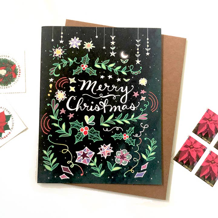Merry Christmas Card - holiday greeting card, pine green for wholesale by Cynla