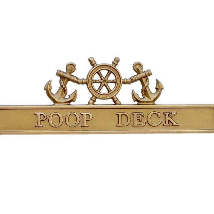 Hampton Ironworks – wholesale Sign – Antique Brass Poop Deck Sign with Ship Wheel and Anchors 12"