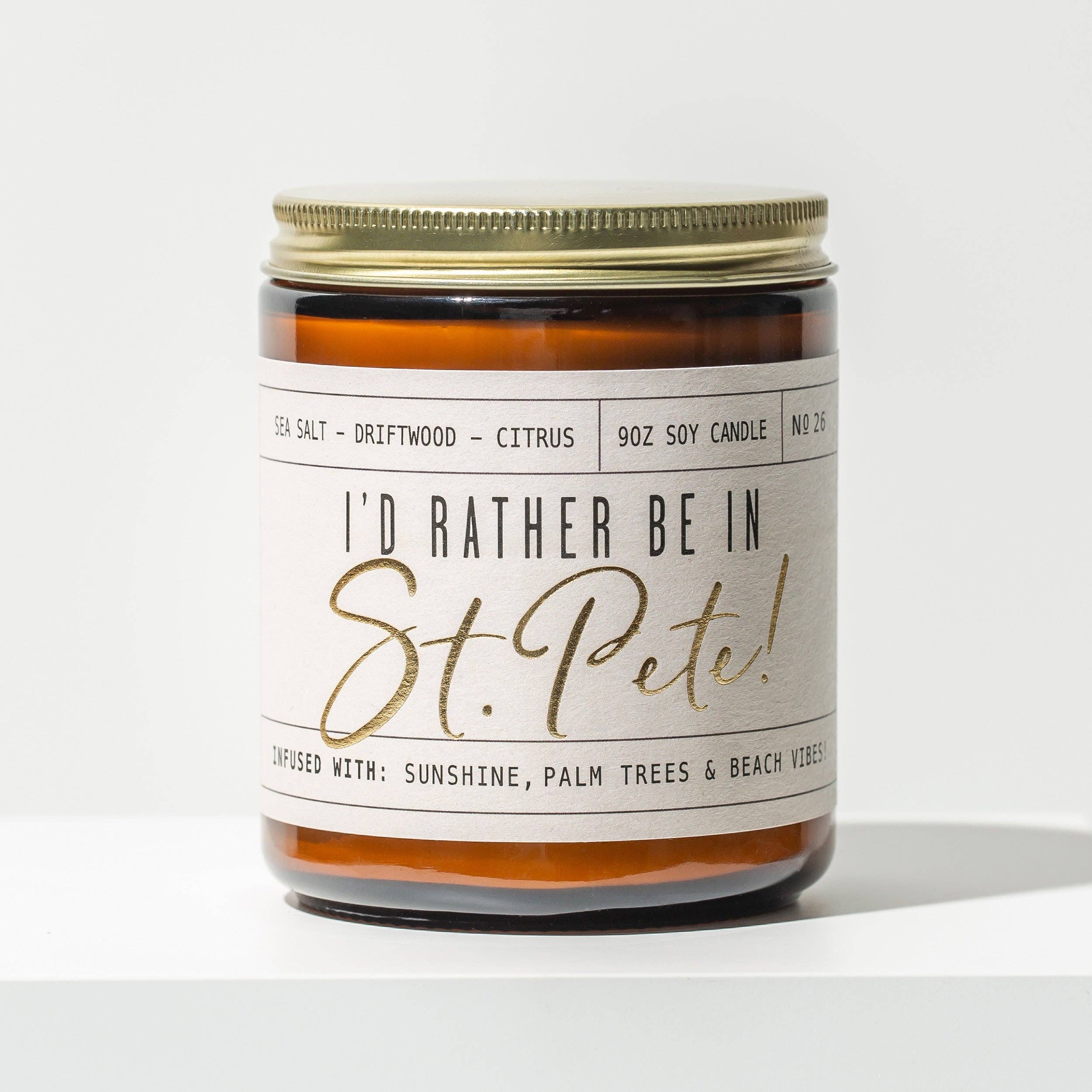 Soy and Sass - Wholesale Jar/Filled Candle - I'd rather be in St Pete Soy Candle - Amber Jar - 9 oz