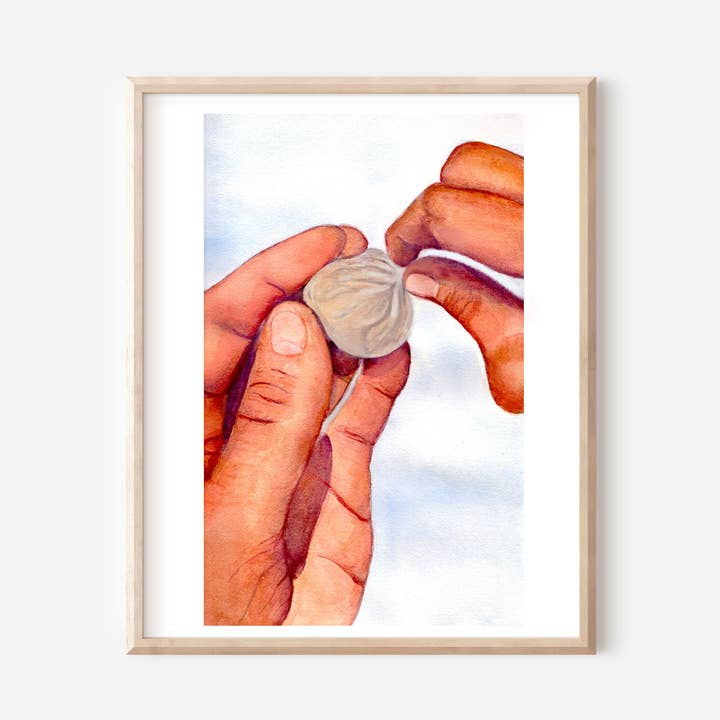 Impression artistique à l'aquarelle de boulettes pliantes, nature morte pour la vente par Menmin Made